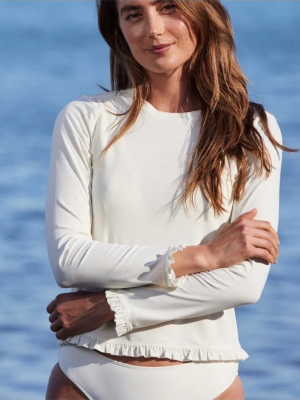 Summersalt Cream Ruffle-Hem Long Sleeve Swim Top